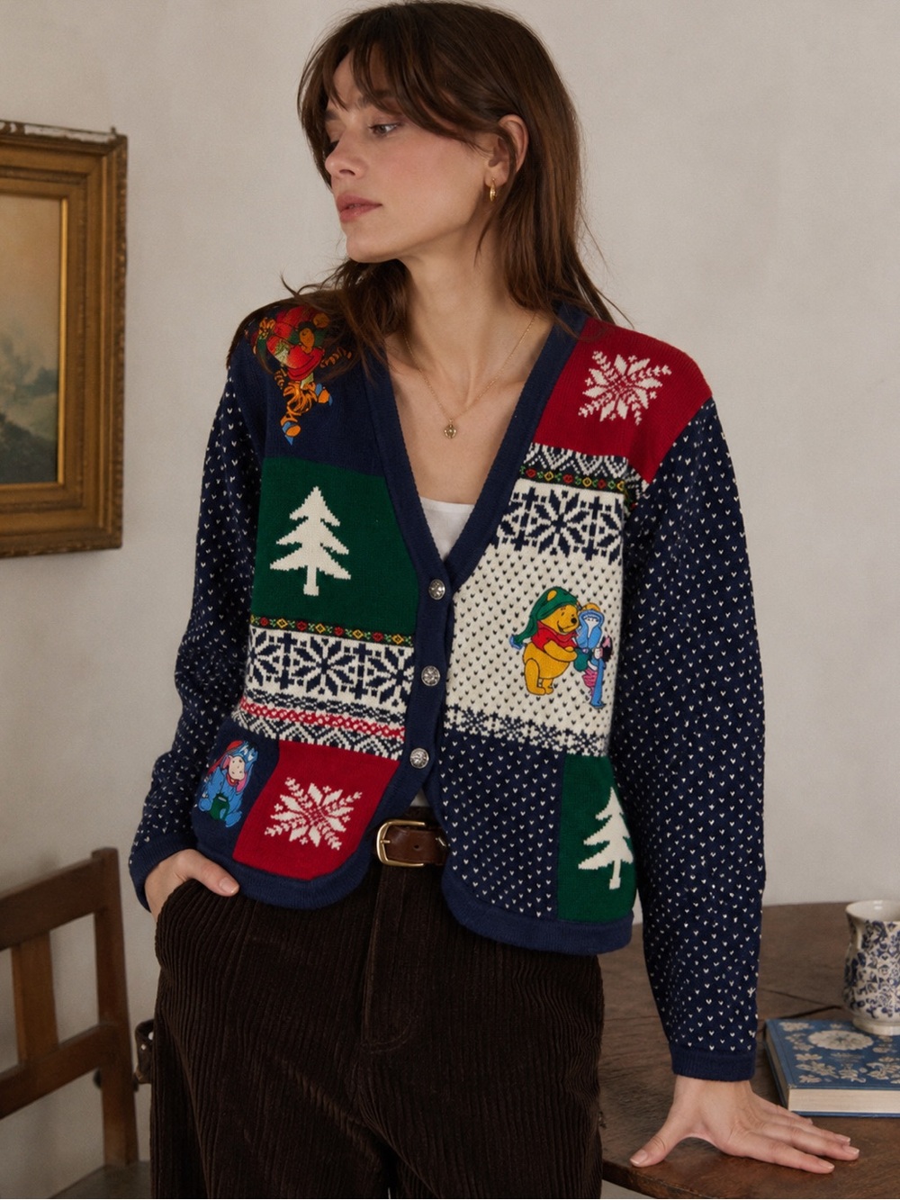 Vintage Disney Winnie The Pooh Navy White Striped Cotton Sweater Cardigan Small